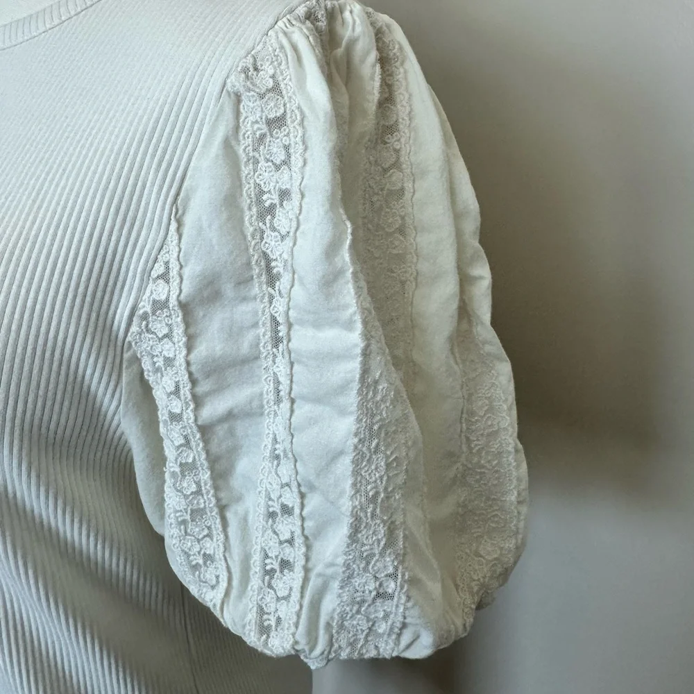 J.Crew Ribbed Lace Puff Sleeve Top - Size Large